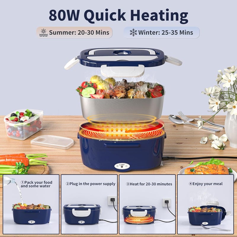 Vingud Electric Lunch Box Food Heater, 3 in 1 Heating Lunch Box for Work/Car/Truck, Heated Lunch Boxes for Adults with 1.5L Stainless Steel Container, 12V 24V 110V (Blue + White) - Image 4